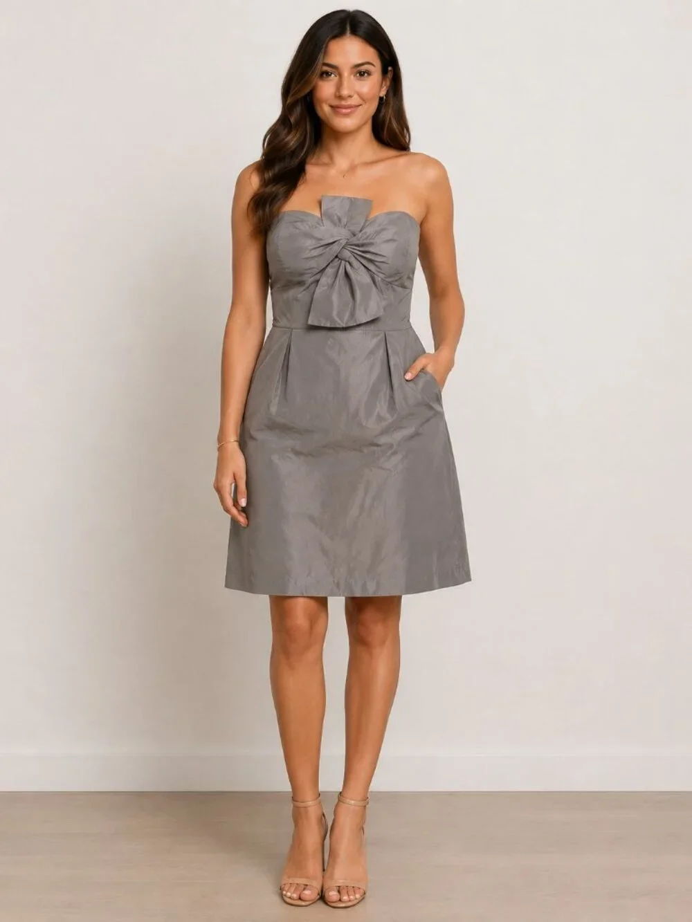 J.Crew Size 6 100% Silk Gray Strapless Bow Cocktail Dress Formal Y2K